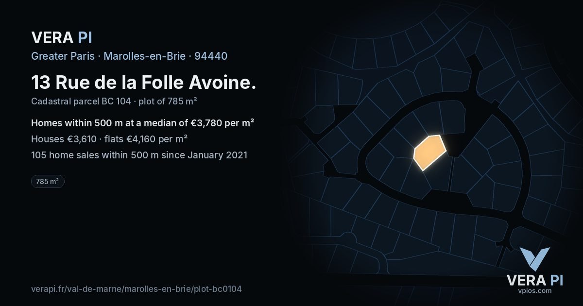 13 Rue de la Folle Avoine, Marolles-en-Brie at night – the plot lit, the parcels around coloured by the prices near them