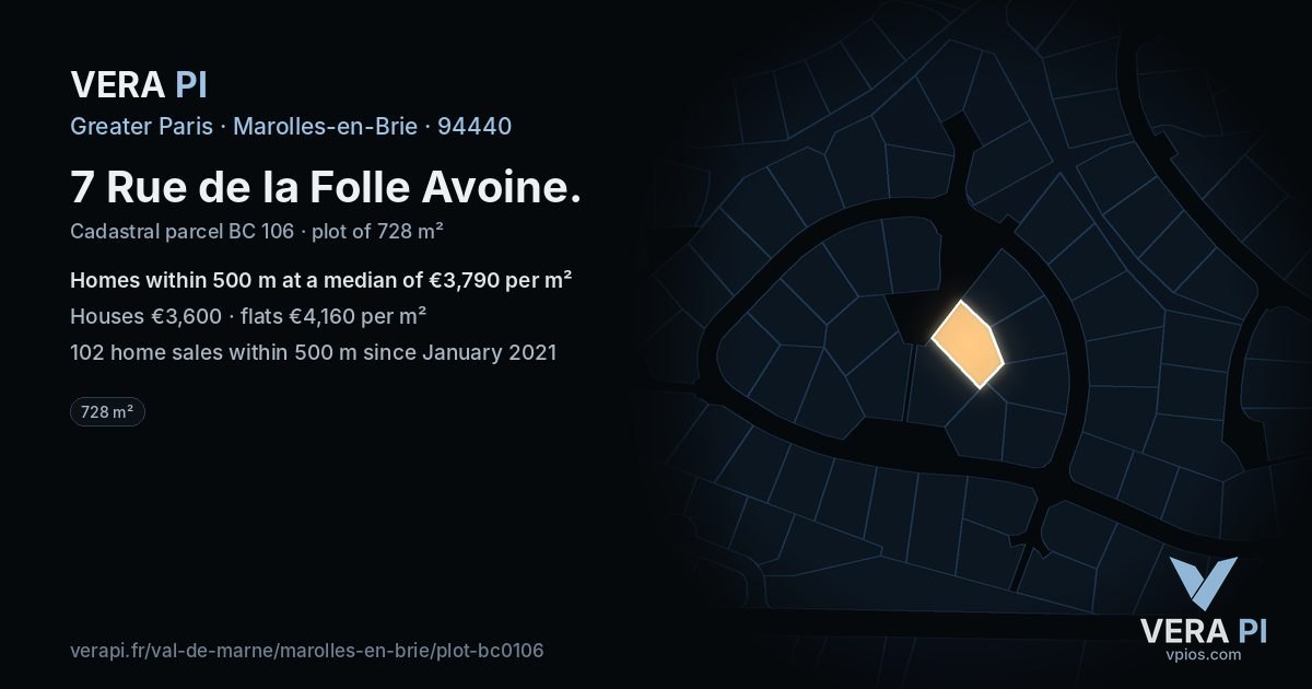 7 Rue de la Folle Avoine, Marolles-en-Brie at night – the plot lit, the parcels around coloured by the prices near them