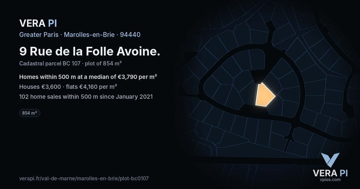 9 Rue de la Folle Avoine, Marolles-en-Brie at night – the plot lit, the parcels around coloured by the prices near them