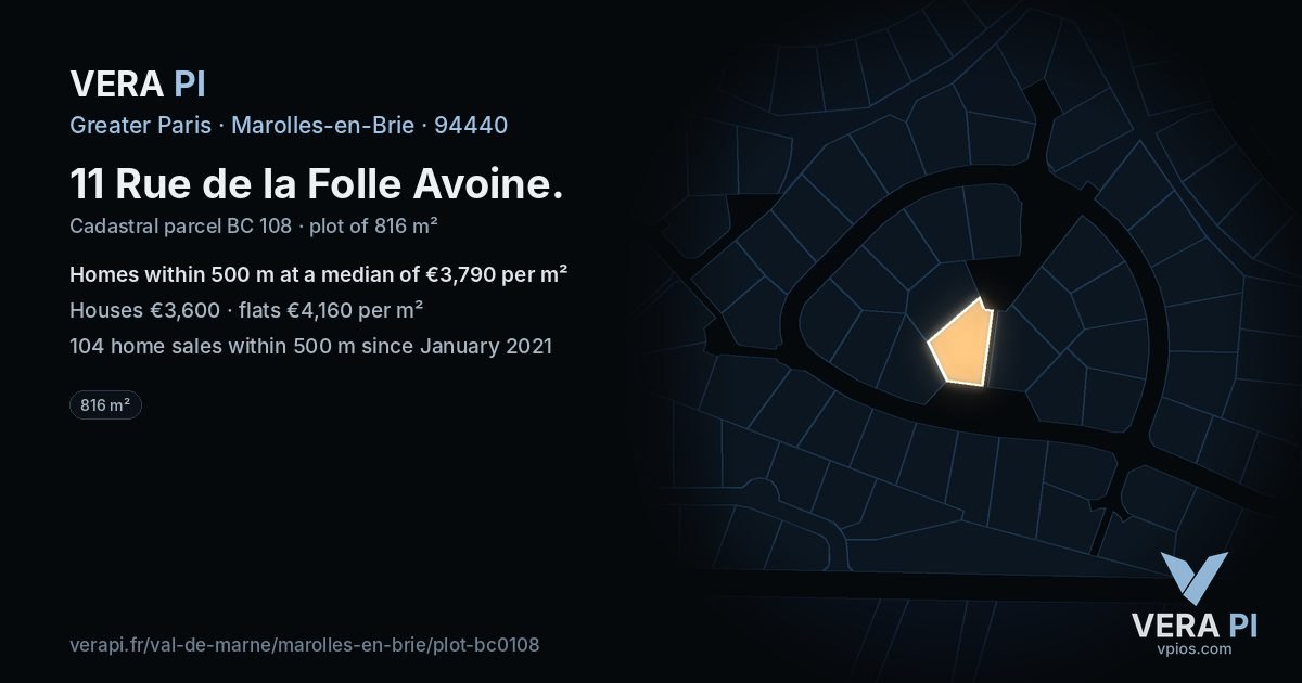 11 Rue de la Folle Avoine, Marolles-en-Brie at night – the plot lit, the parcels around coloured by the prices near them