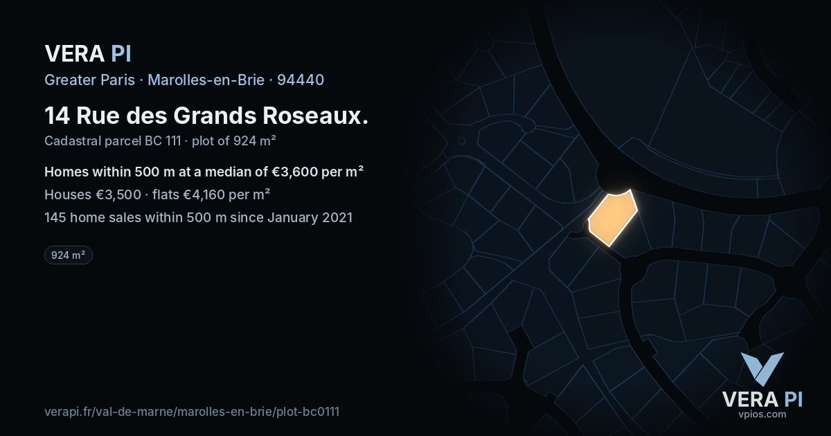 14 Rue des Grands Roseaux, Marolles-en-Brie at night – the plot lit, the parcels around coloured by the prices near them