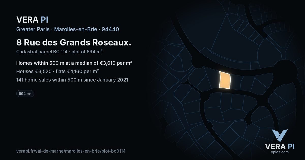 8 Rue des Grands Roseaux, Marolles-en-Brie at night – the plot lit, the parcels around coloured by the prices near them