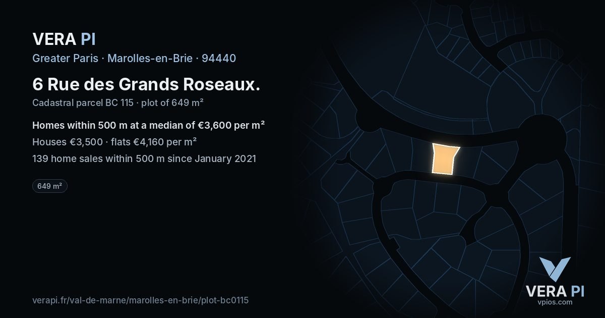 6 Rue des Grands Roseaux, Marolles-en-Brie at night – the plot lit, the parcels around coloured by the prices near them
