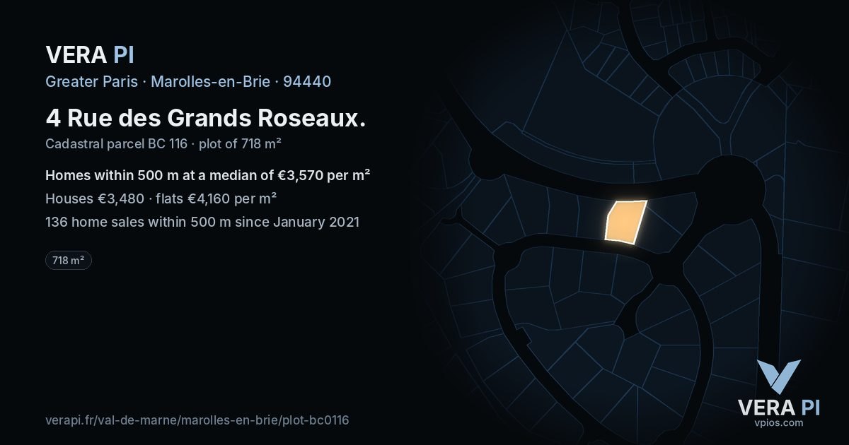 4 Rue des Grands Roseaux, Marolles-en-Brie at night – the plot lit, the parcels around coloured by the prices near them