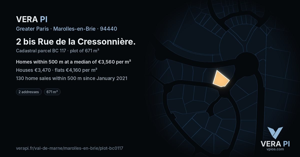 2 bis Rue de la Cressonnière, Marolles-en-Brie at night – the plot lit, the parcels around coloured by the prices near them