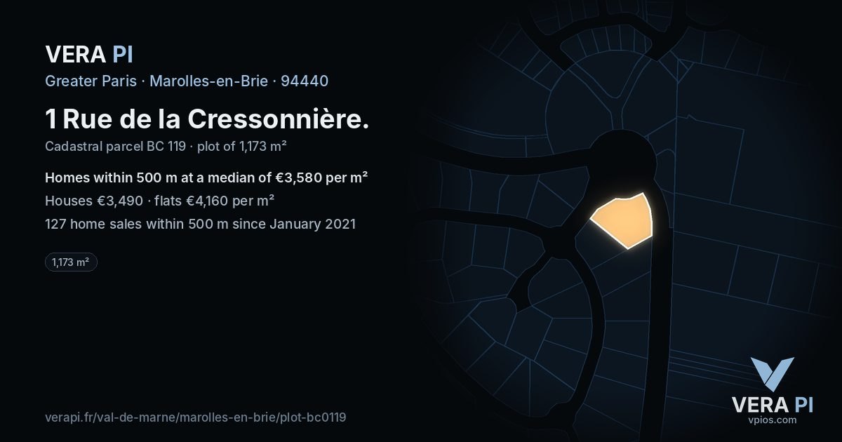 1 Rue de la Cressonnière, Marolles-en-Brie at night – the plot lit, the parcels around coloured by the prices near them