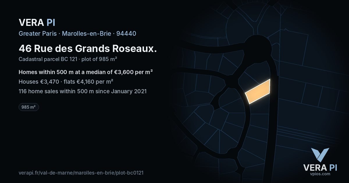 46 Rue des Grands Roseaux, Marolles-en-Brie at night – the plot lit, the parcels around coloured by the prices near them