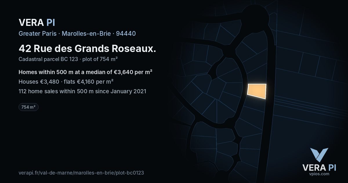 42 Rue des Grands Roseaux, Marolles-en-Brie at night – the plot lit, the parcels around coloured by the prices near them