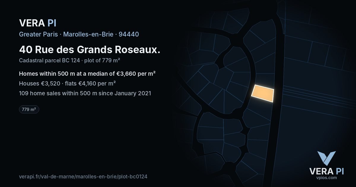 40 Rue des Grands Roseaux, Marolles-en-Brie at night – the plot lit, the parcels around coloured by the prices near them