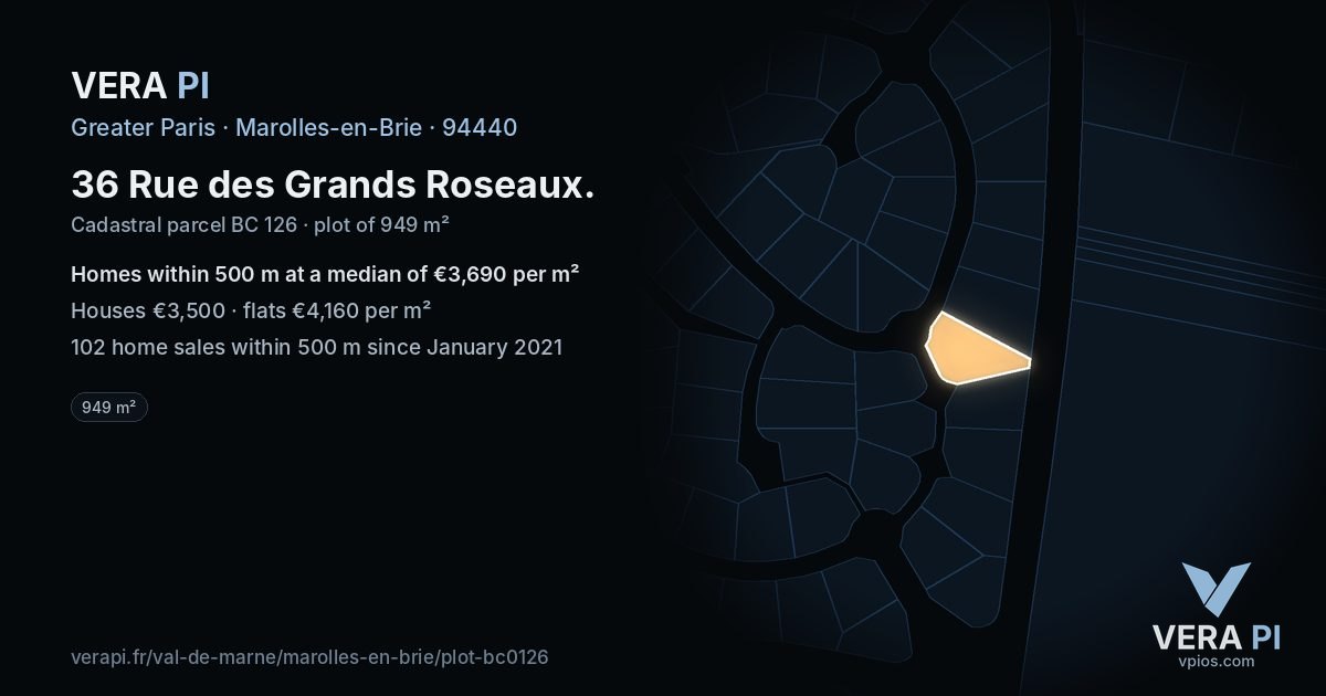 36 Rue des Grands Roseaux, Marolles-en-Brie at night – the plot lit, the parcels around coloured by the prices near them