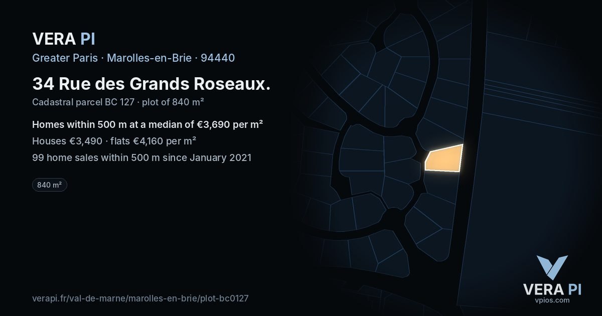 34 Rue des Grands Roseaux, Marolles-en-Brie at night – the plot lit, the parcels around coloured by the prices near them