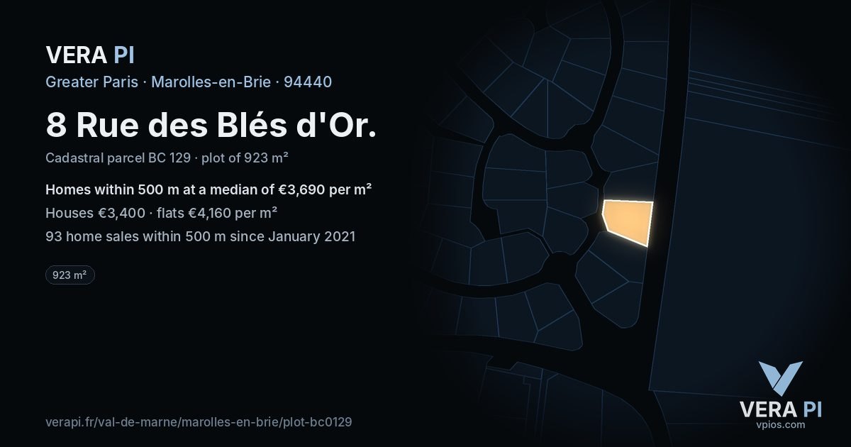 8 Rue des Blés d'Or, Marolles-en-Brie at night – the plot lit, the parcels around coloured by the prices near them