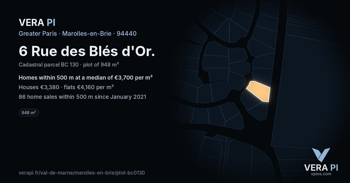 6 Rue des Blés d'Or, Marolles-en-Brie at night – the plot lit, the parcels around coloured by the prices near them