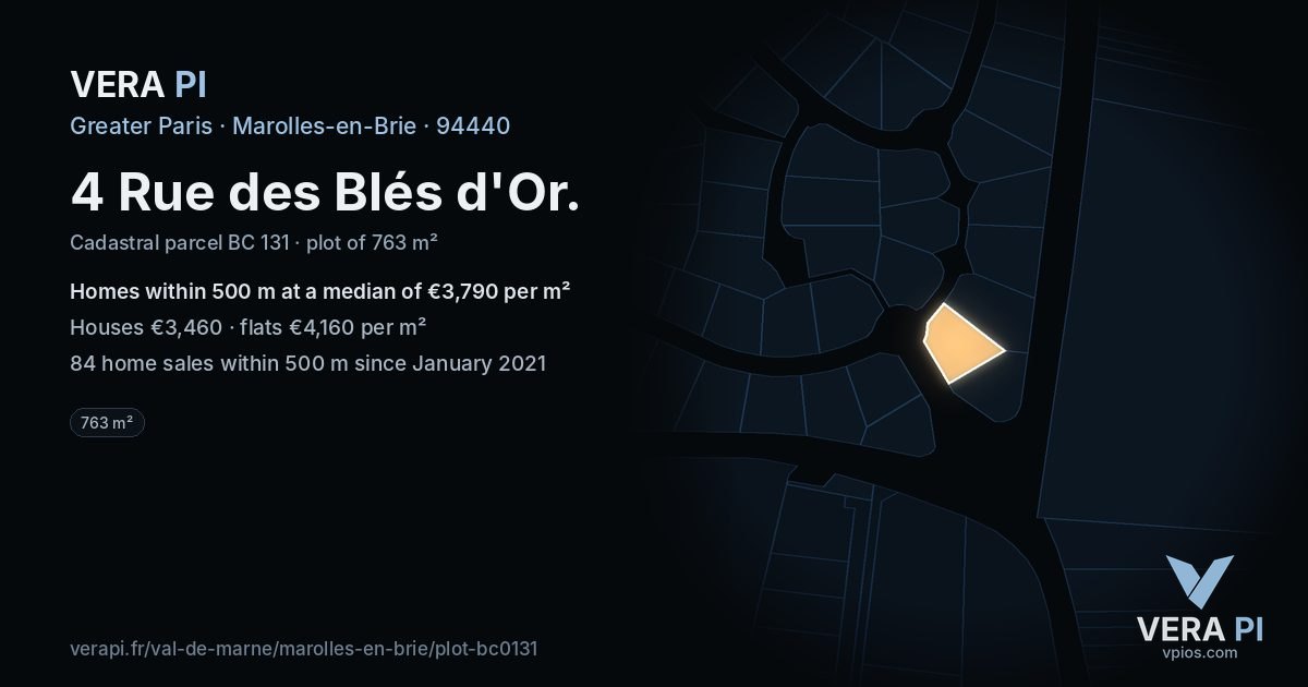 4 Rue des Blés d'Or, Marolles-en-Brie at night – the plot lit, the parcels around coloured by the prices near them