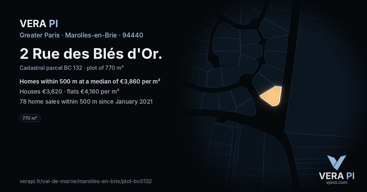 2 Rue des Blés d'Or, Marolles-en-Brie at night – the plot lit, the parcels around coloured by the prices near them