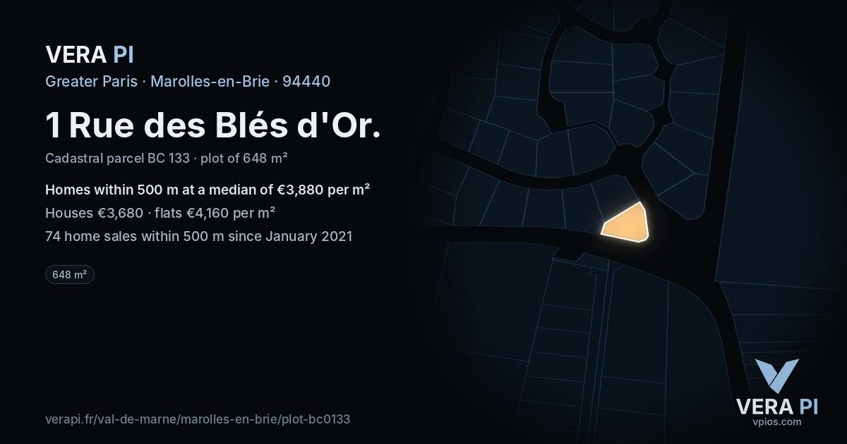 1 Rue des Blés d'Or, Marolles-en-Brie at night – the plot lit, the parcels around coloured by the prices near them