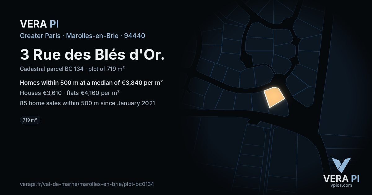 3 Rue des Blés d'Or, Marolles-en-Brie at night – the plot lit, the parcels around coloured by the prices near them
