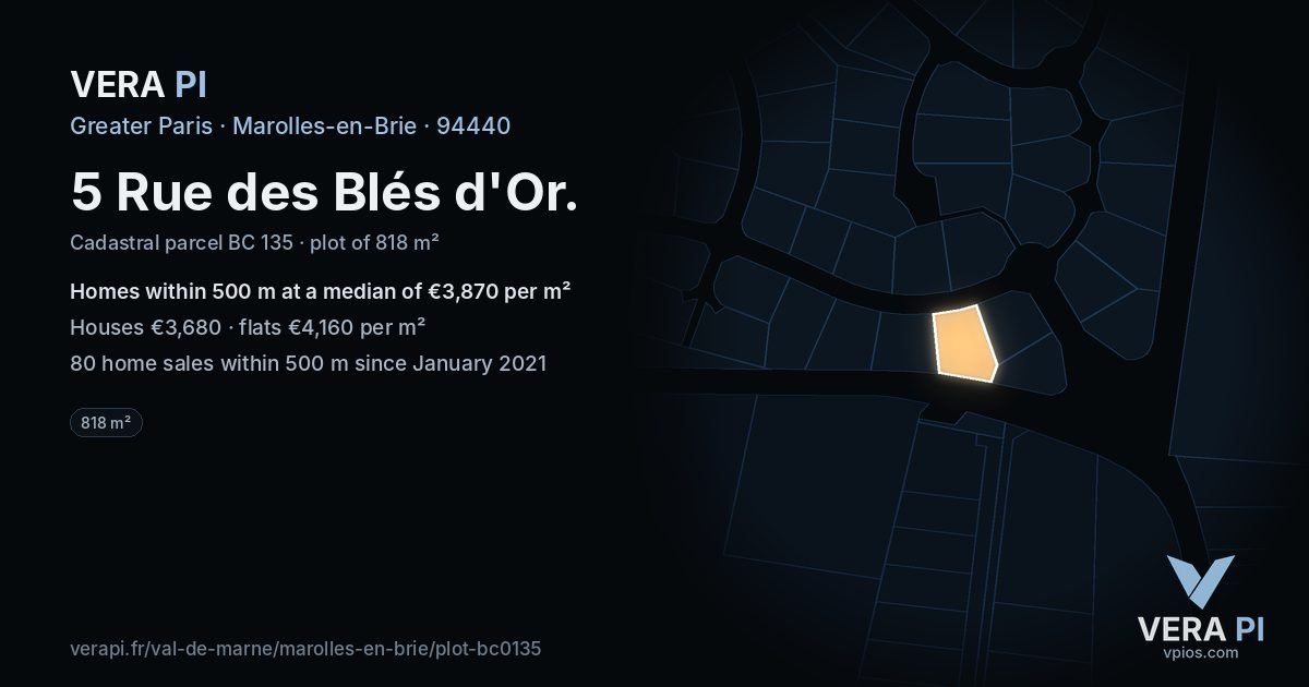 5 Rue des Blés d'Or, Marolles-en-Brie at night – the plot lit, the parcels around coloured by the prices near them