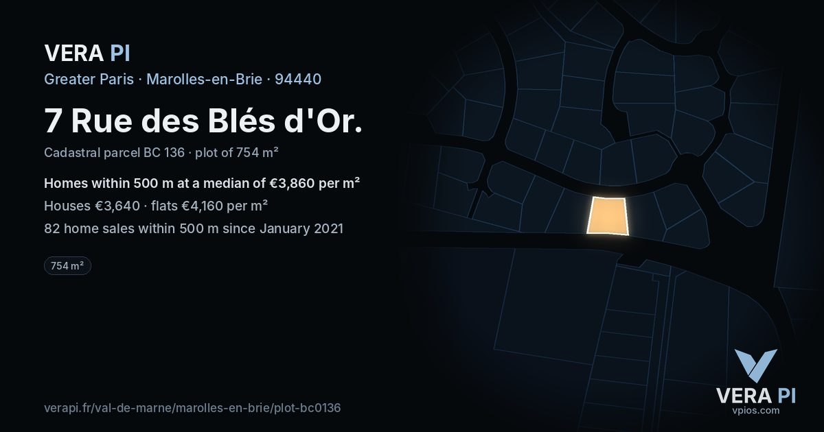 7 Rue des Blés d'Or, Marolles-en-Brie at night – the plot lit, the parcels around coloured by the prices near them