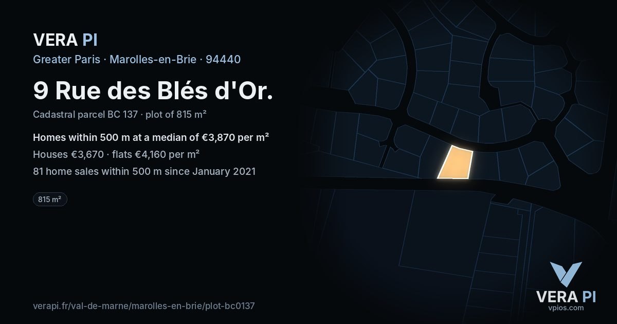 9 Rue des Blés d'Or, Marolles-en-Brie at night – the plot lit, the parcels around coloured by the prices near them