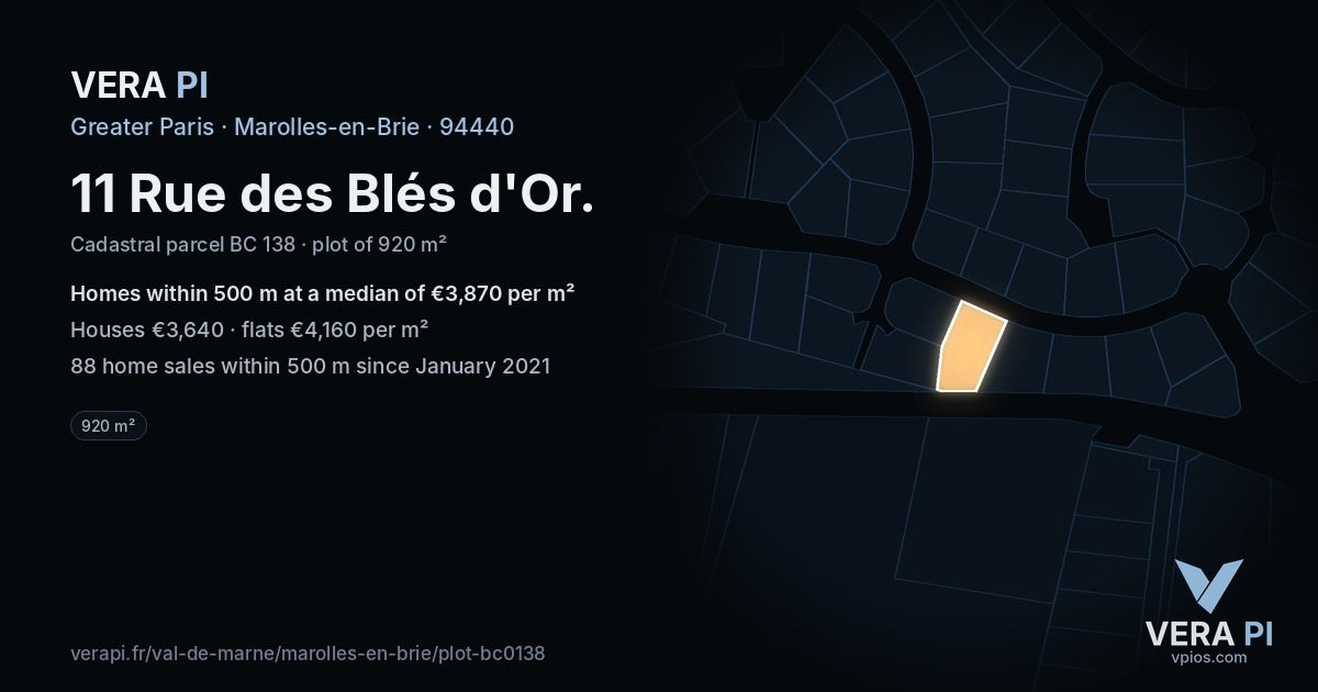 11 Rue des Blés d'Or, Marolles-en-Brie at night – the plot lit, the parcels around coloured by the prices near them