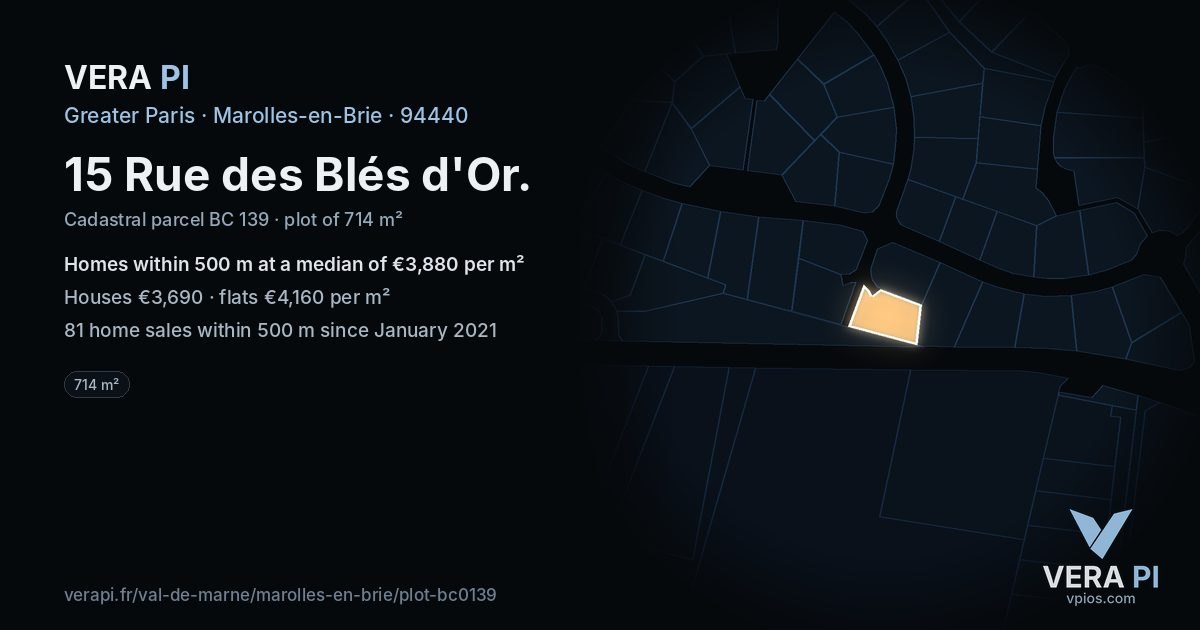 15 Rue des Blés d'Or, Marolles-en-Brie at night – the plot lit, the parcels around coloured by the prices near them
