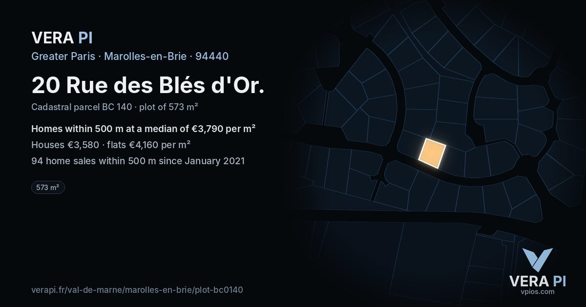 20 Rue des Blés d'Or, Marolles-en-Brie at night – the plot lit, the parcels around coloured by the prices near them