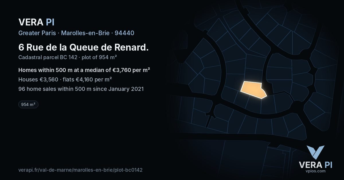 6 Rue de la Queue de Renard, Marolles-en-Brie at night – the plot lit, the parcels around coloured by the prices near them