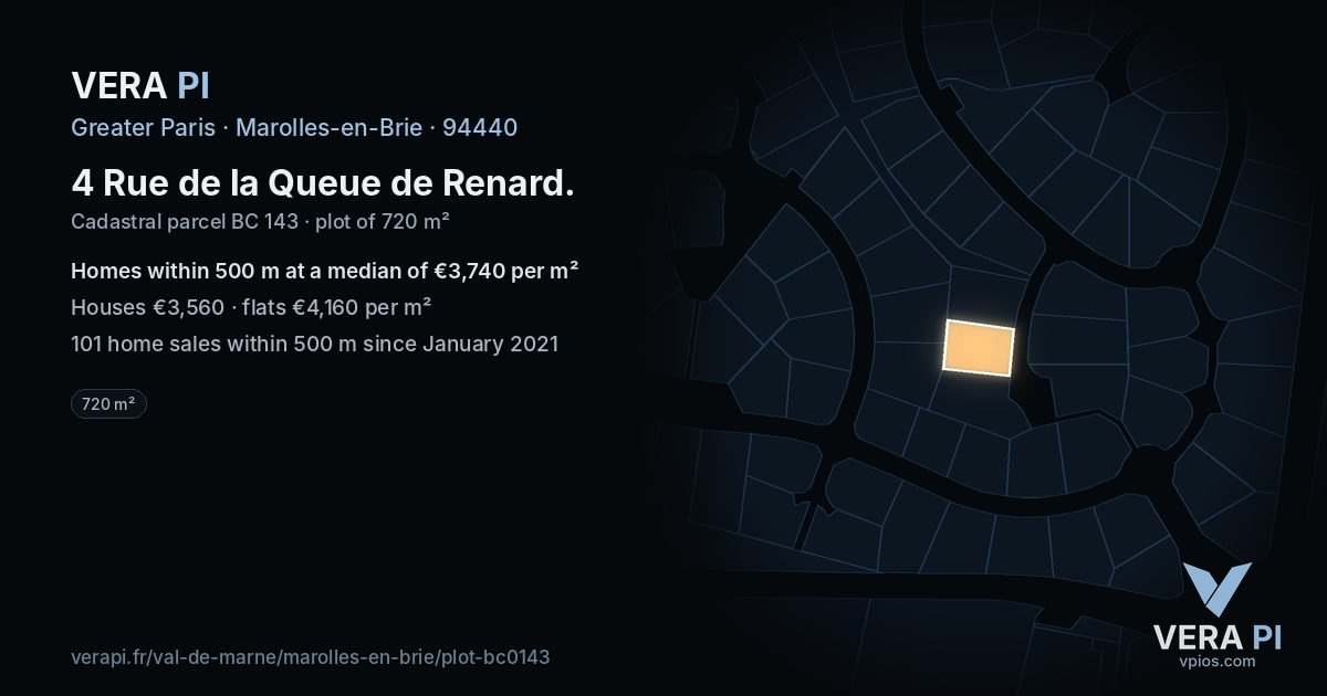 4 Rue de la Queue de Renard, Marolles-en-Brie at night – the plot lit, the parcels around coloured by the prices near them