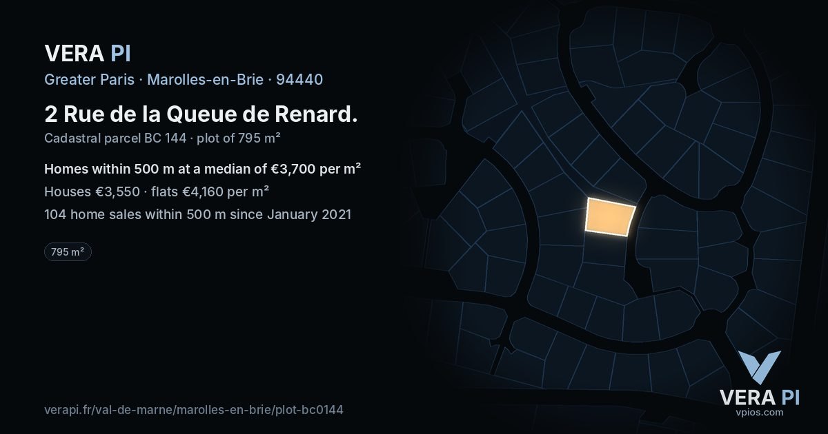 2 Rue de la Queue de Renard, Marolles-en-Brie at night – the plot lit, the parcels around coloured by the prices near them