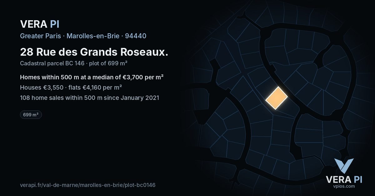 28 Rue des Grands Roseaux, Marolles-en-Brie at night – the plot lit, the parcels around coloured by the prices near them