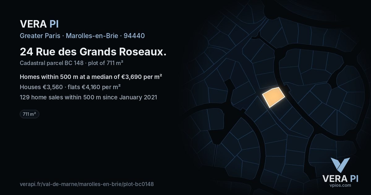24 Rue des Grands Roseaux, Marolles-en-Brie at night – the plot lit, the parcels around coloured by the prices near them