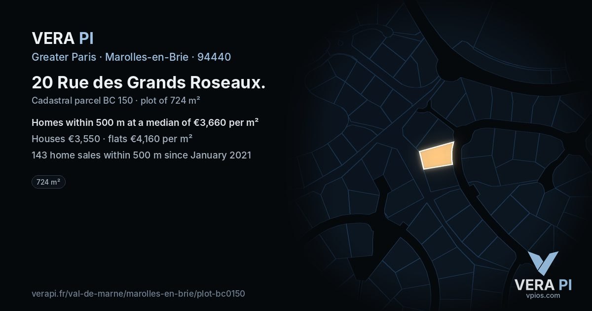 20 Rue des Grands Roseaux, Marolles-en-Brie at night – the plot lit, the parcels around coloured by the prices near them