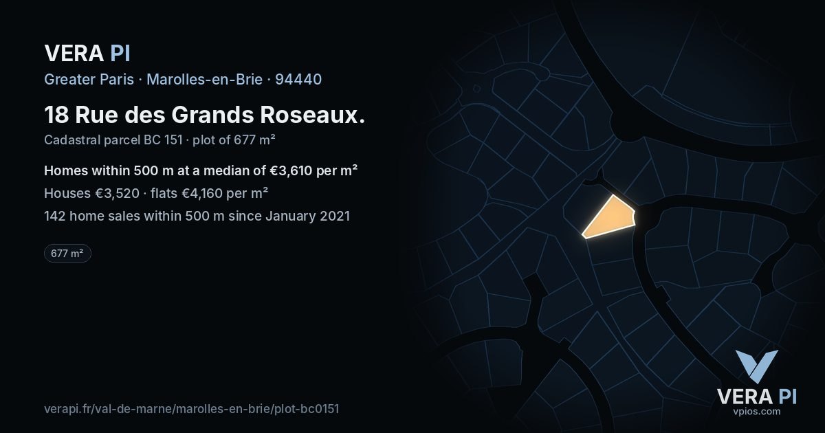 18 Rue des Grands Roseaux, Marolles-en-Brie at night – the plot lit, the parcels around coloured by the prices near them