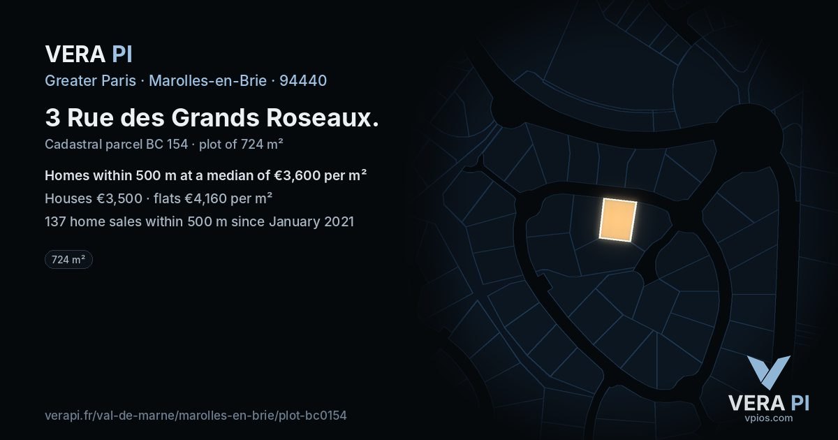 3 Rue des Grands Roseaux, Marolles-en-Brie at night – the plot lit, the parcels around coloured by the prices near them