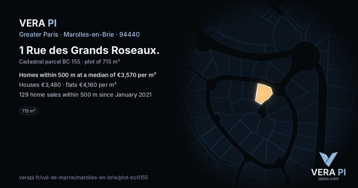 1 Rue des Grands Roseaux, Marolles-en-Brie at night – the plot lit, the parcels around coloured by the prices near them