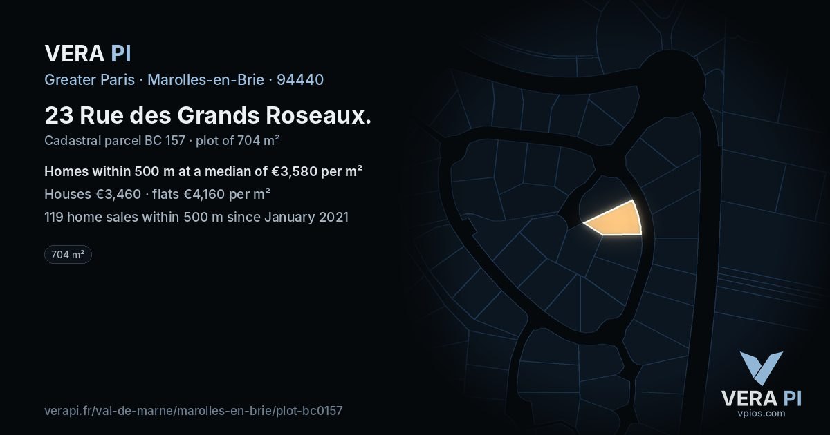 23 Rue des Grands Roseaux, Marolles-en-Brie at night – the plot lit, the parcels around coloured by the prices near them