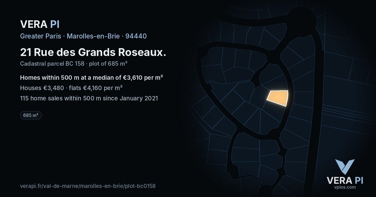21 Rue des Grands Roseaux, Marolles-en-Brie at night – the plot lit, the parcels around coloured by the prices near them