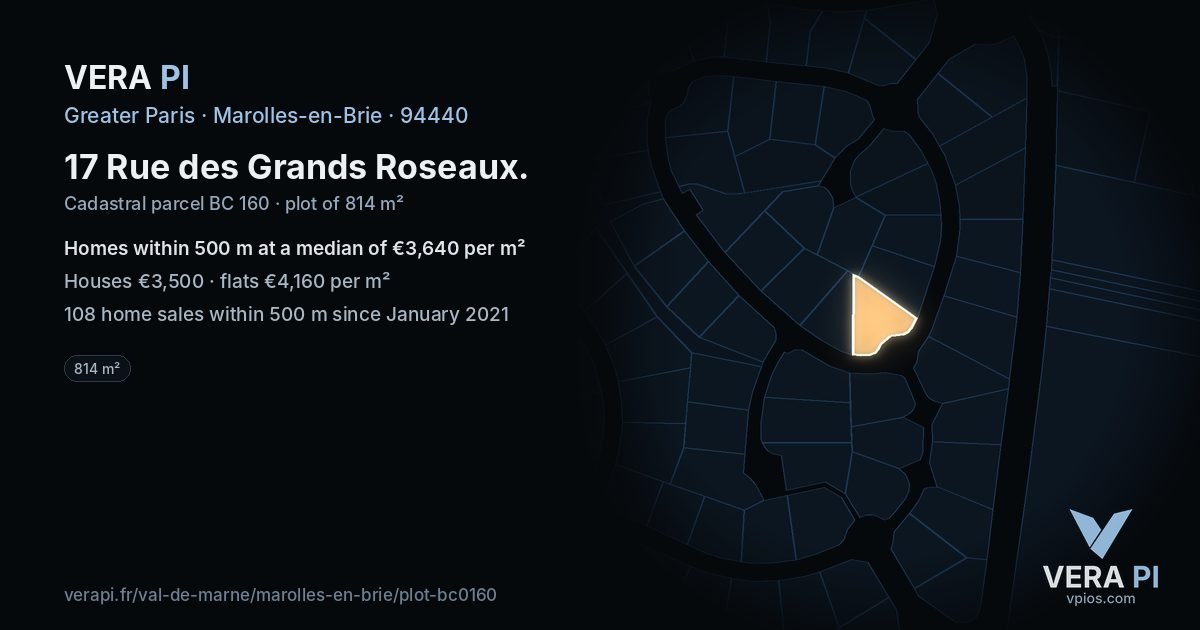 17 Rue des Grands Roseaux, Marolles-en-Brie at night – the plot lit, the parcels around coloured by the prices near them
