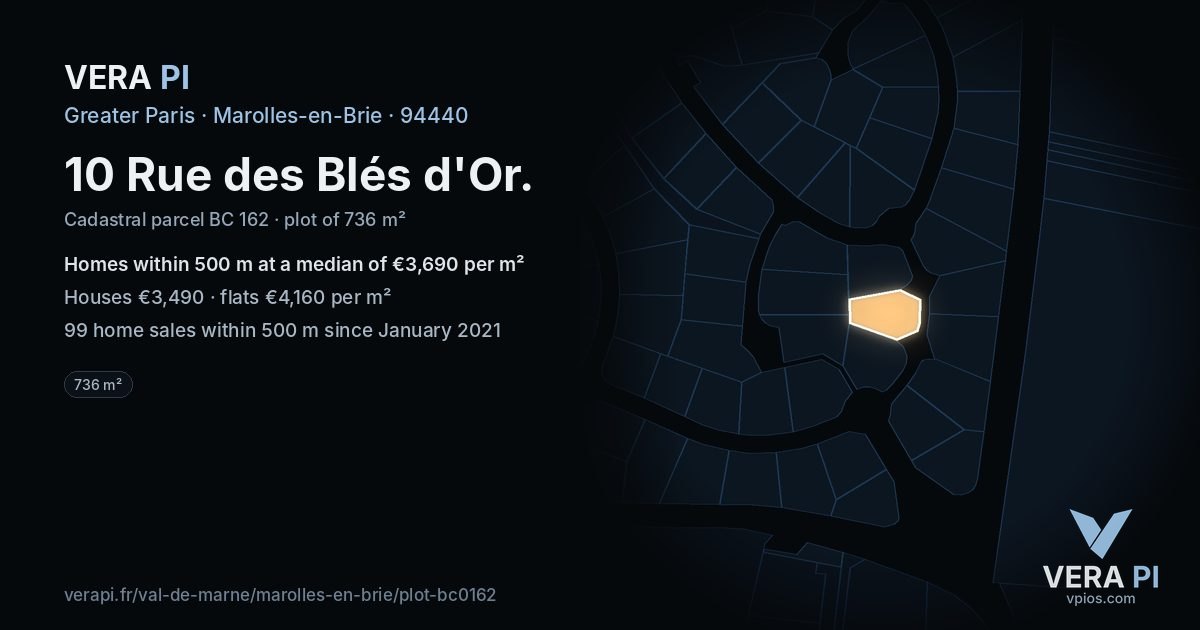 10 Rue des Blés d'Or, Marolles-en-Brie at night – the plot lit, the parcels around coloured by the prices near them