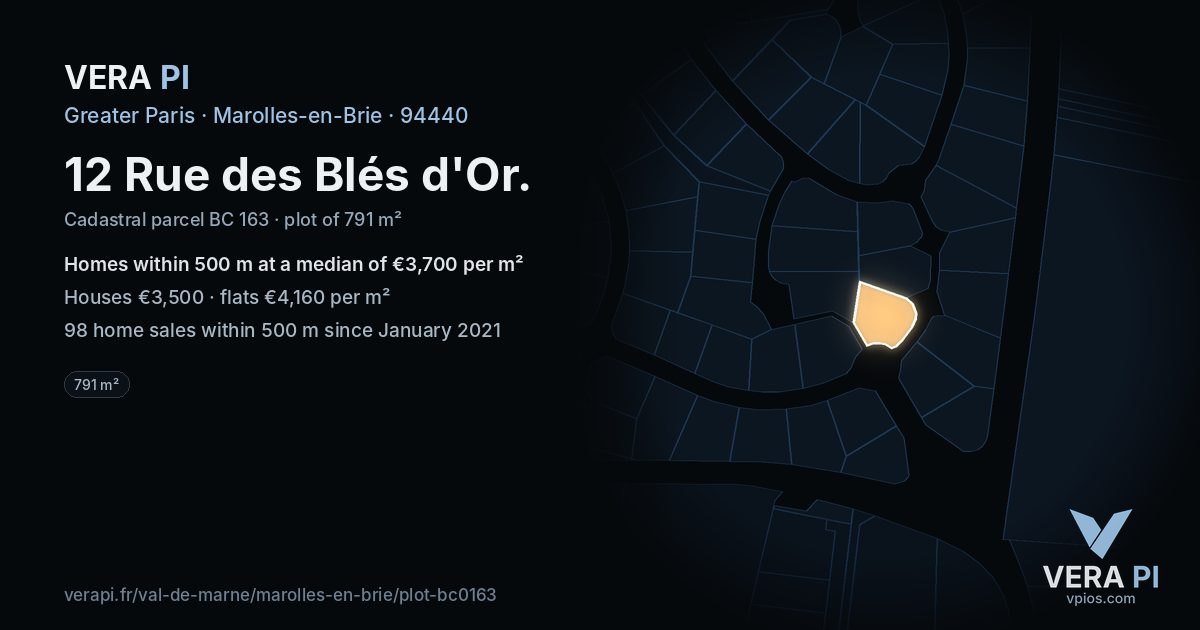12 Rue des Blés d'Or, Marolles-en-Brie at night – the plot lit, the parcels around coloured by the prices near them