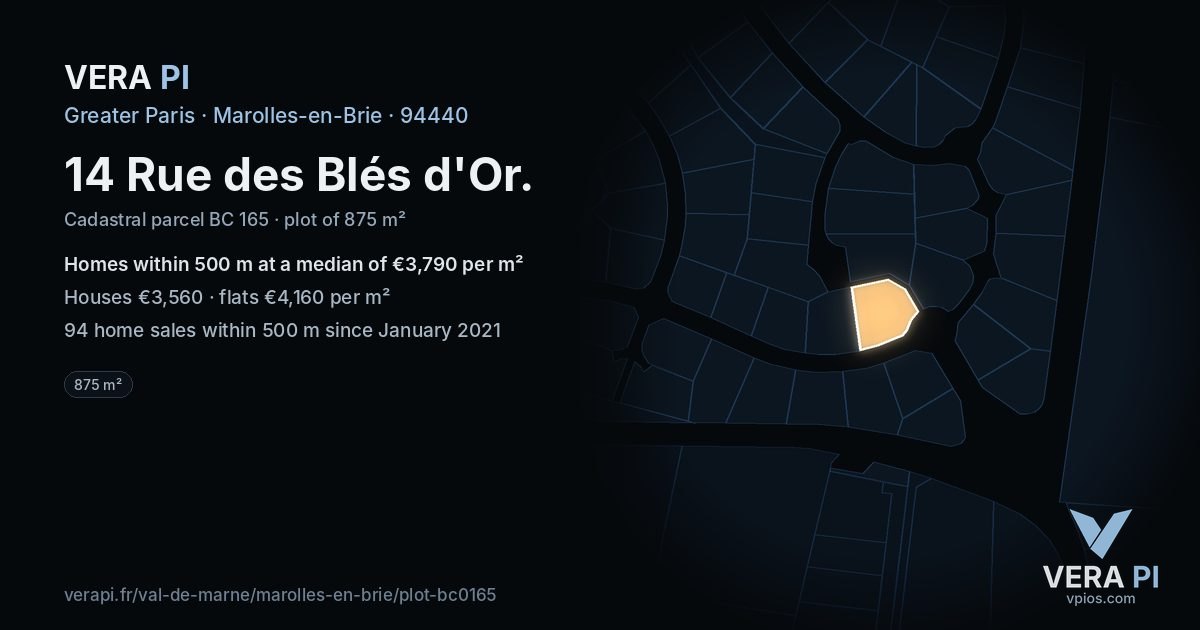 14 Rue des Blés d'Or, Marolles-en-Brie at night – the plot lit, the parcels around coloured by the prices near them