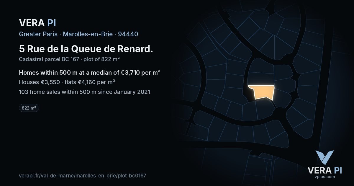 5 Rue de la Queue de Renard, Marolles-en-Brie at night – the plot lit, the parcels around coloured by the prices near them