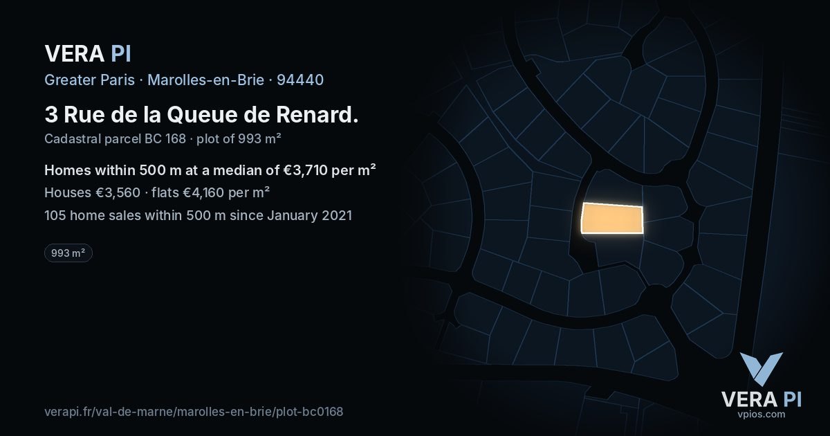 3 Rue de la Queue de Renard, Marolles-en-Brie at night – the plot lit, the parcels around coloured by the prices near them