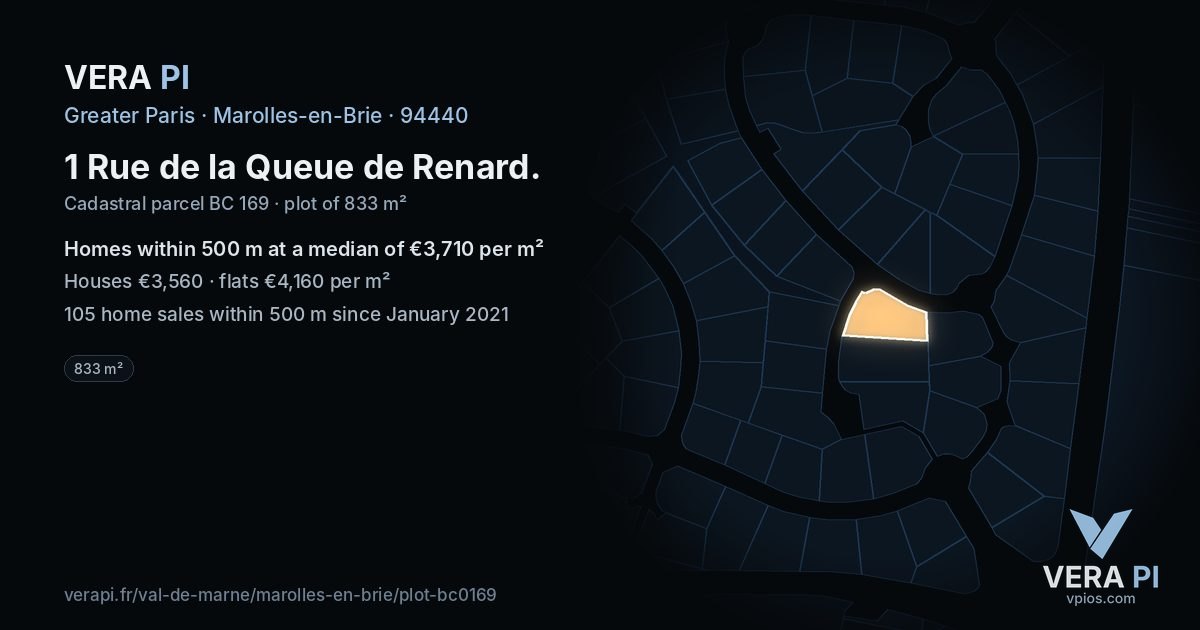 1 Rue de la Queue de Renard, Marolles-en-Brie at night – the plot lit, the parcels around coloured by the prices near them