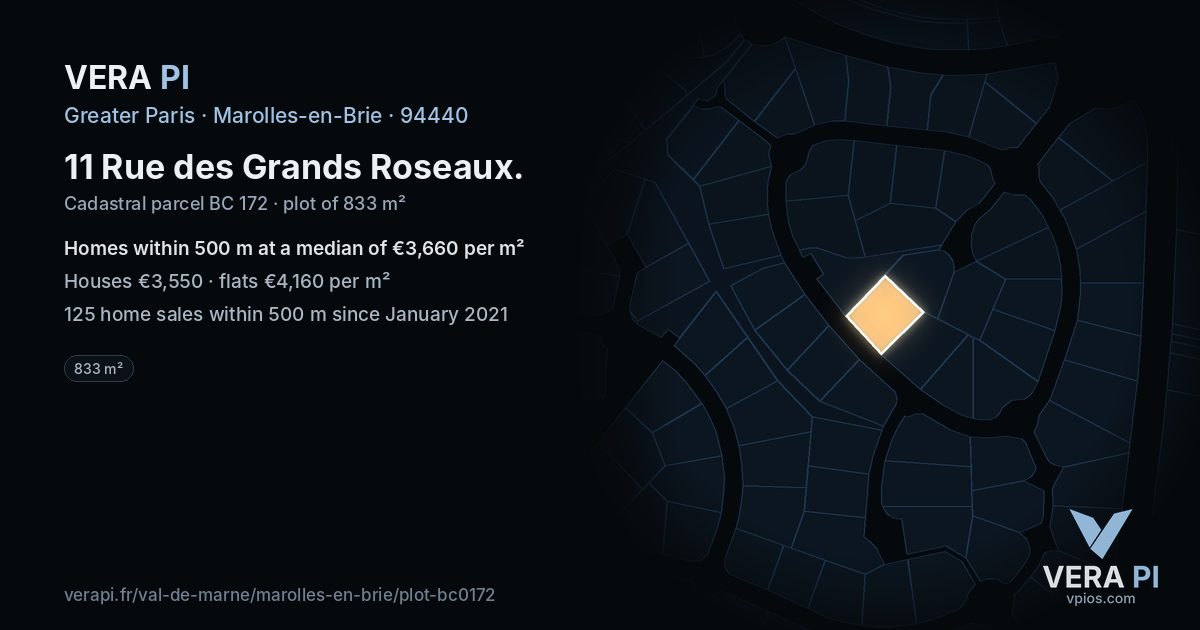 11 Rue des Grands Roseaux, Marolles-en-Brie at night – the plot lit, the parcels around coloured by the prices near them