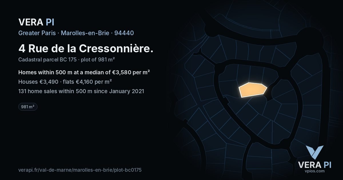 4 Rue de la Cressonnière, Marolles-en-Brie at night – the plot lit, the parcels around coloured by the prices near them