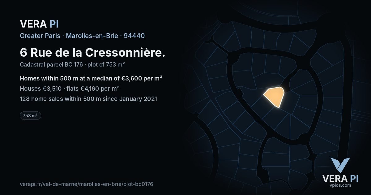 6 Rue de la Cressonnière, Marolles-en-Brie at night – the plot lit, the parcels around coloured by the prices near them