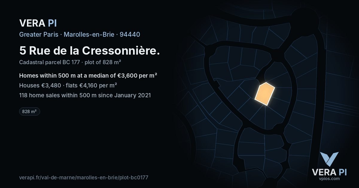 5 Rue de la Cressonnière, Marolles-en-Brie at night – the plot lit, the parcels around coloured by the prices near them