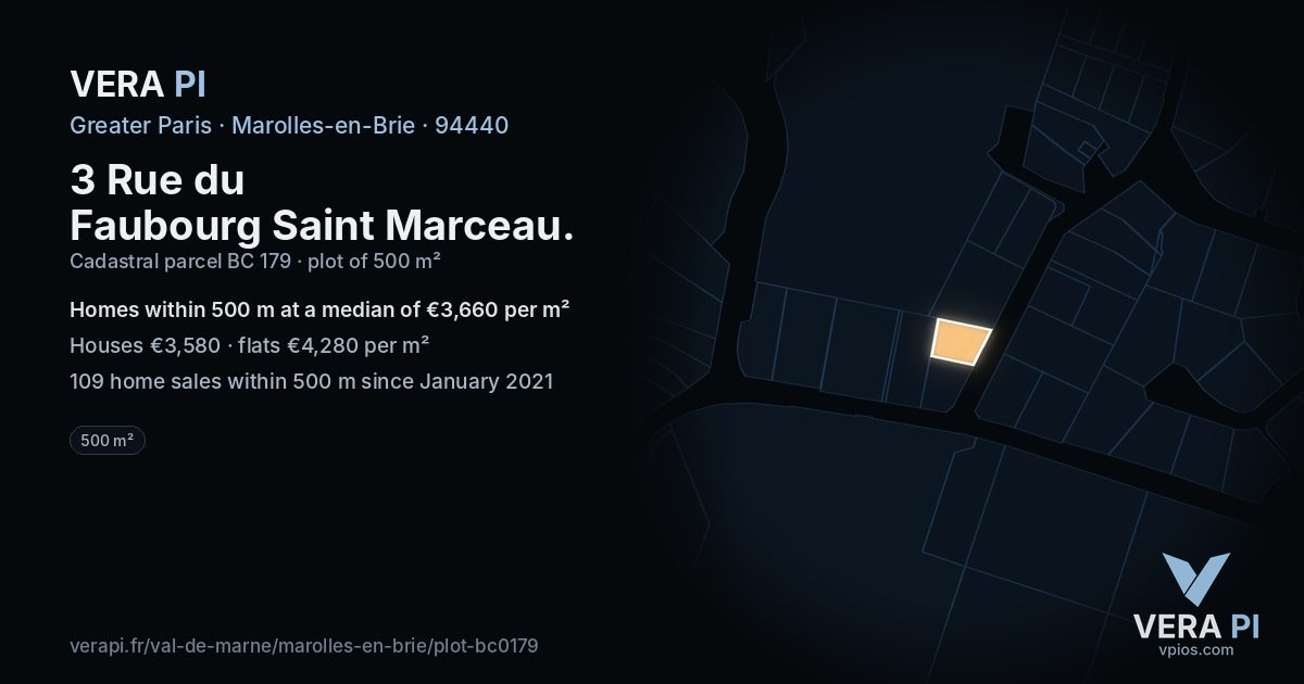 3 Rue du Faubourg Saint Marceau, Marolles-en-Brie at night – the plot lit, the parcels around coloured by the prices near them